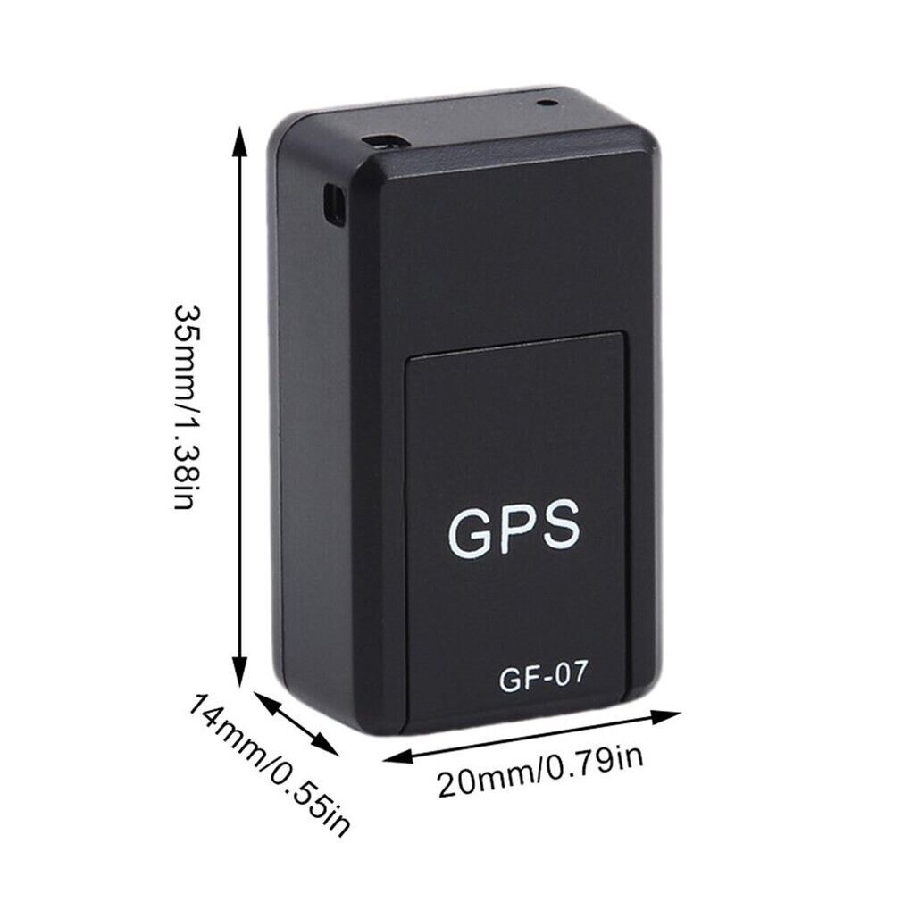 Black GPS tracker with dimensions labeled on a white background