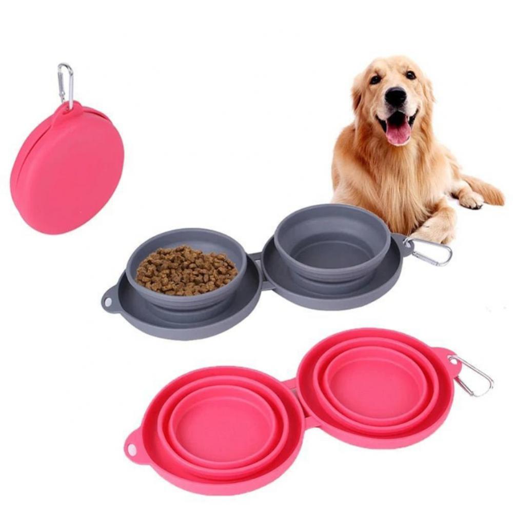 Portable Collapsible Double Dog Bowl with Non-Slip Silicone Mat for Travel & Outdoor Use