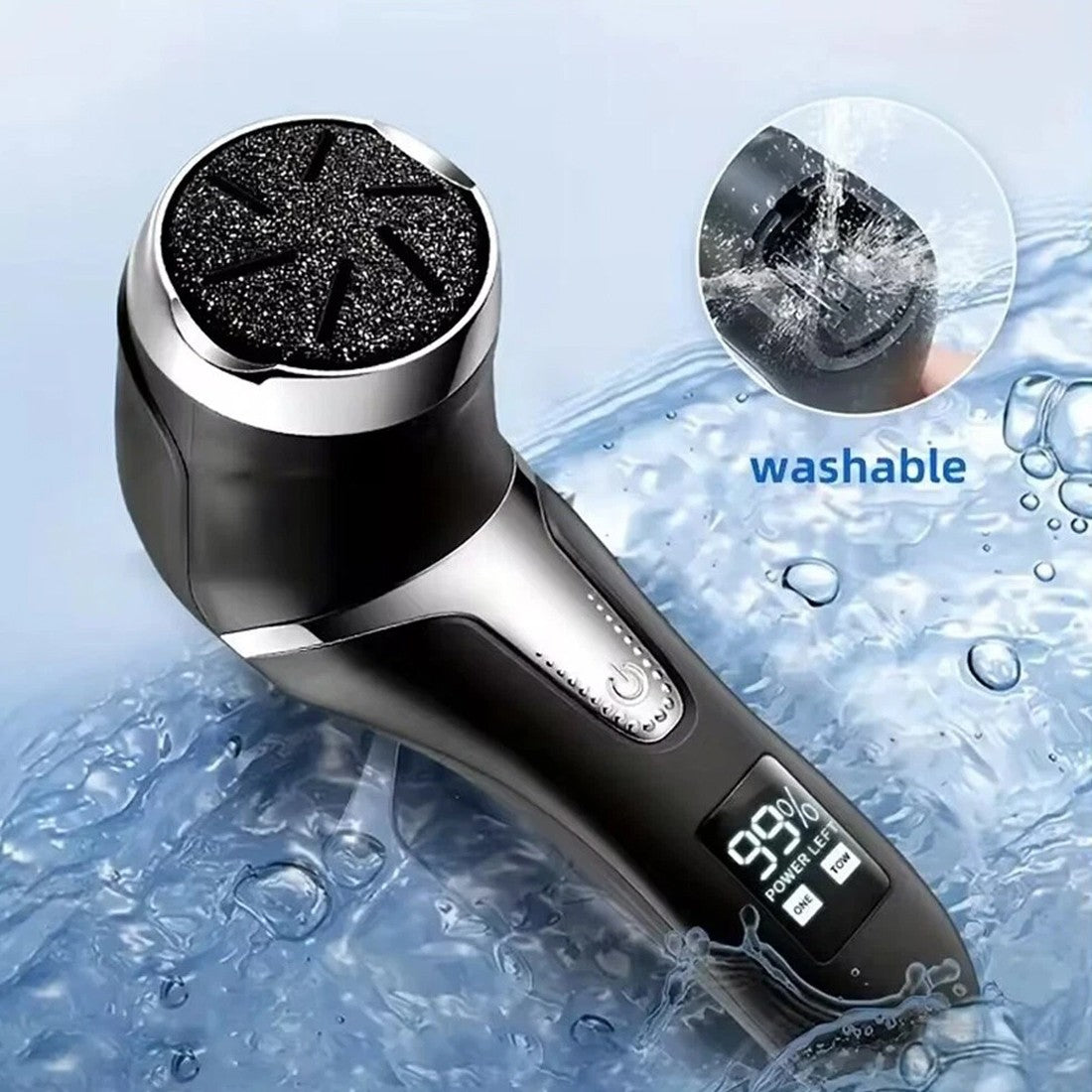 Black and silver electric shaver with water splashes and 'washable' text on a blue background
