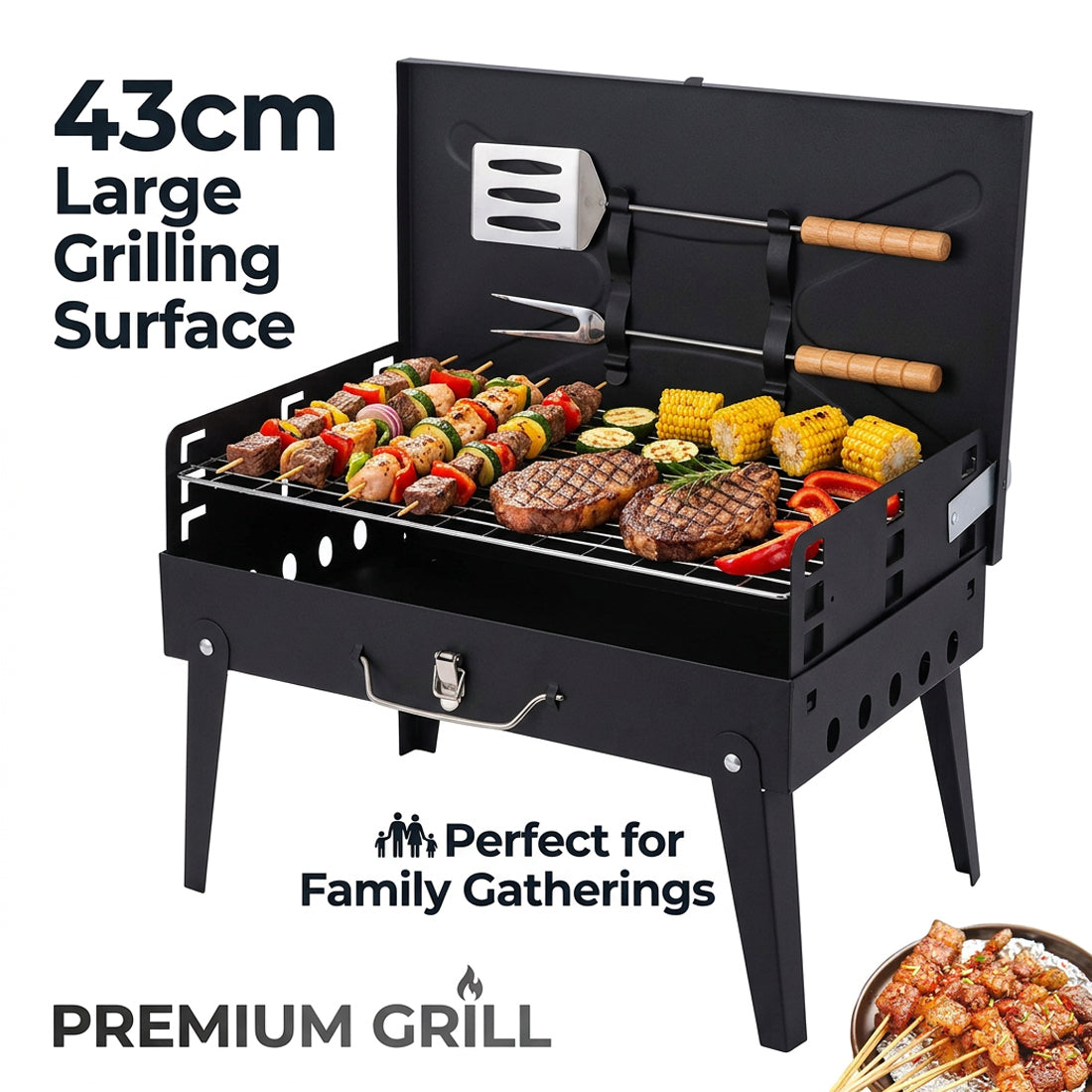 Black portable grill with food on a white background, featuring text about its size and suitability for family gatherings.