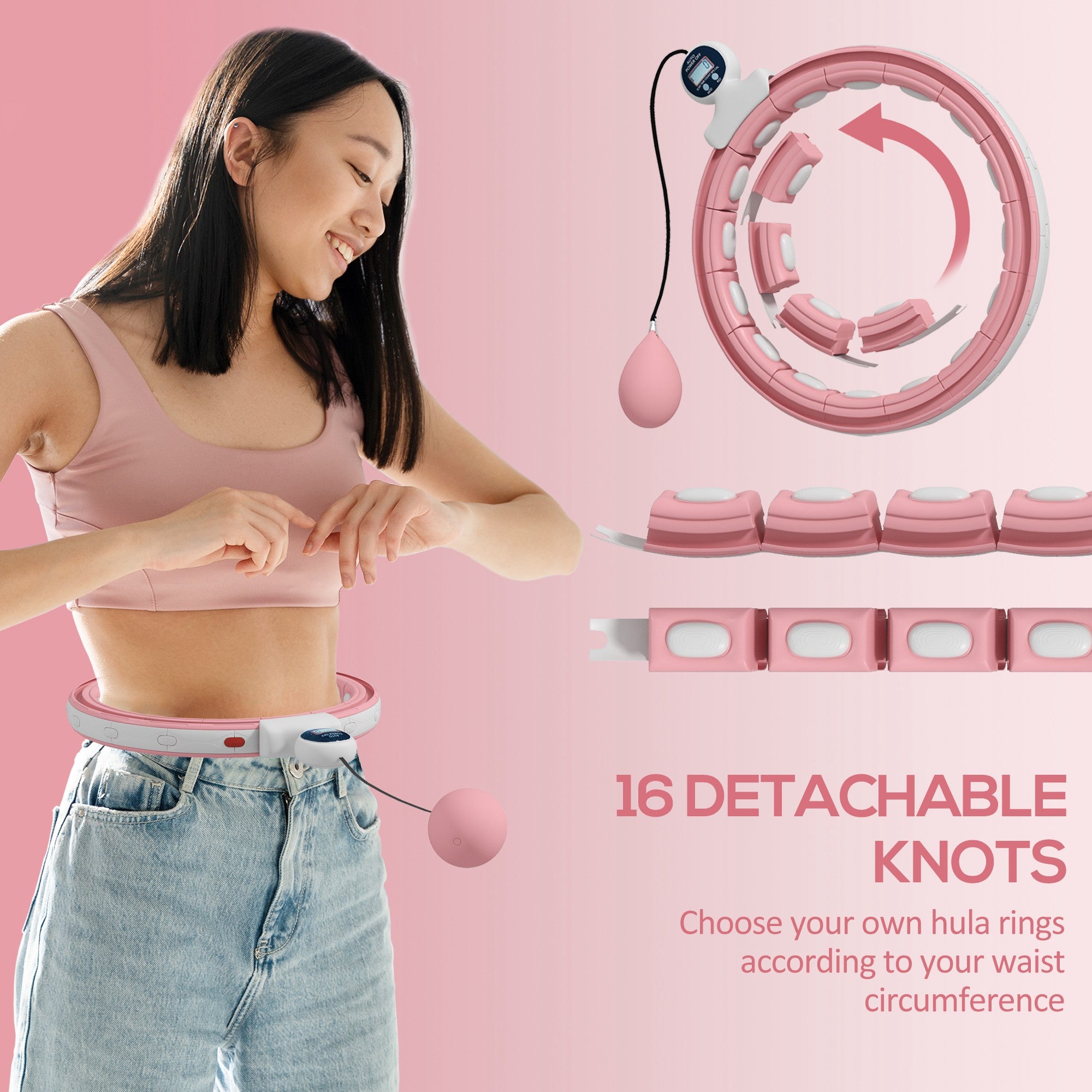Woman using a pink waist trainer with detachable knots on a pink background