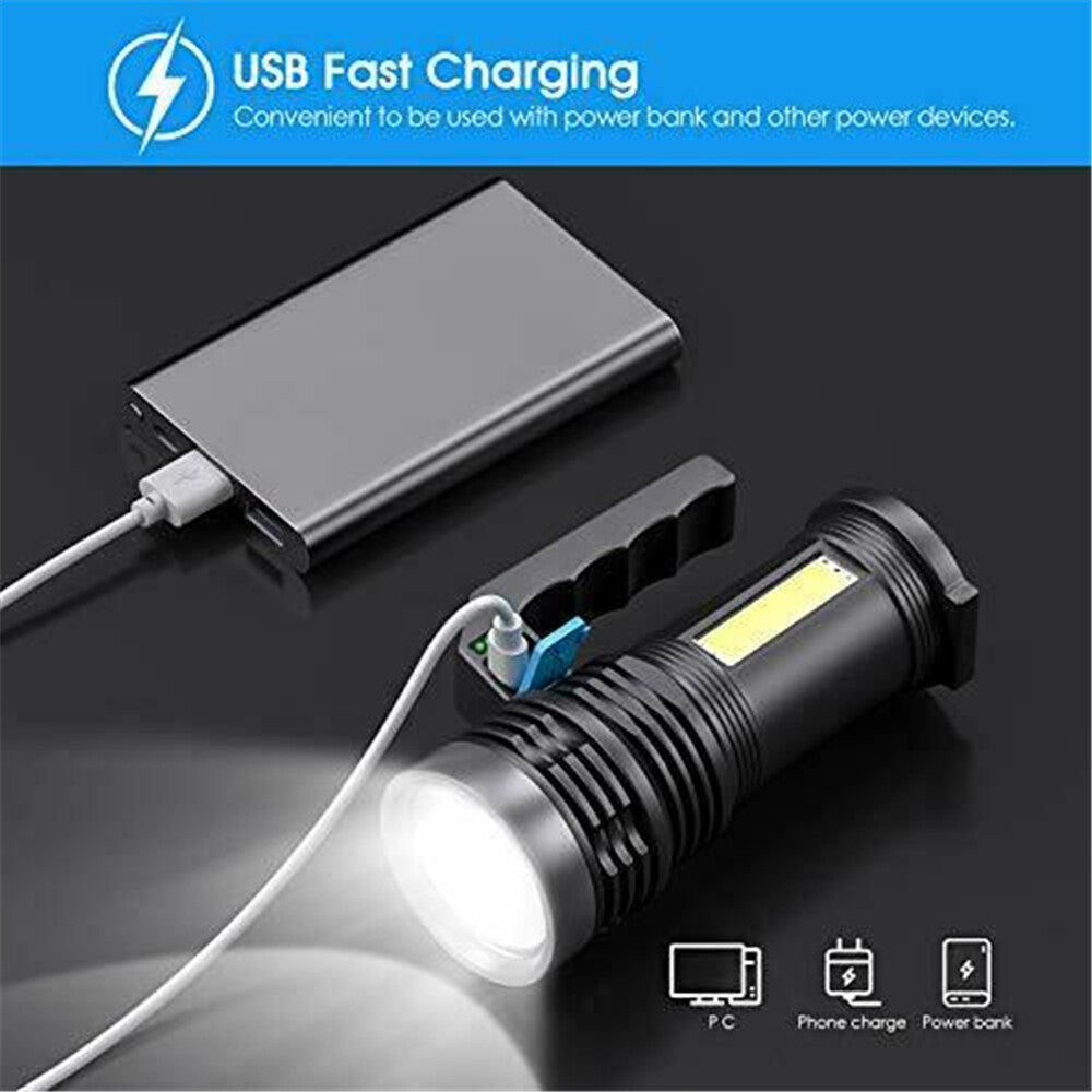Flashlight and power bank with USB cable on a dark background