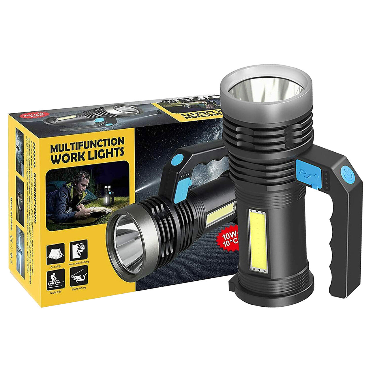 Multifunctional work light with packaging on a white background