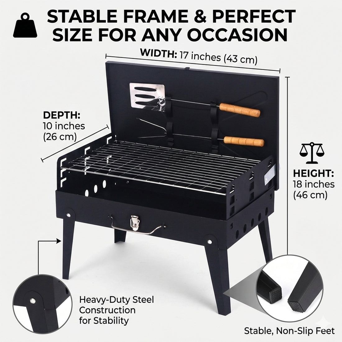 Black portable grill with measurements and features on a white background