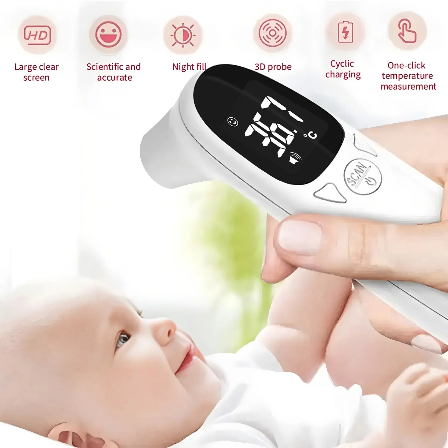 Digital thermometer being used on a baby's hand with product features highlighted.