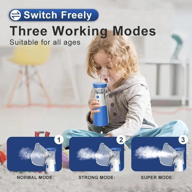 Child using a blue and white device with three working mode indicators on a light background.