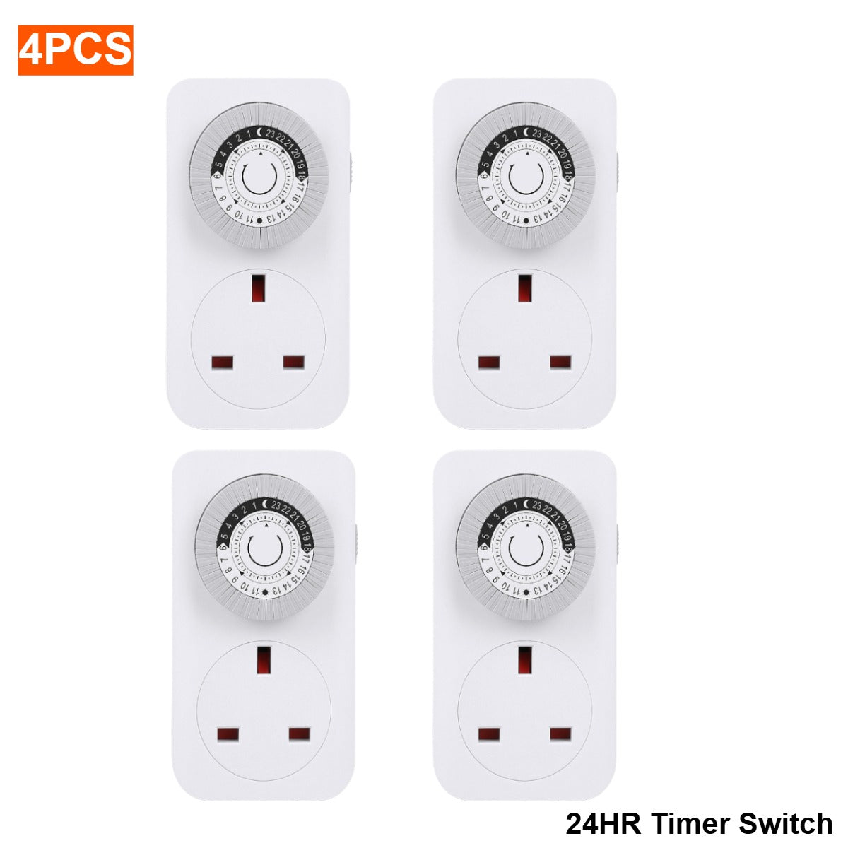Four 24-hour timer switches on a white background with '4PCS' and '24HR Timer Switch' text.