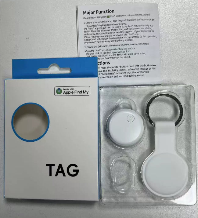 Apple Find My device packaging with tag and instructions on a gray background