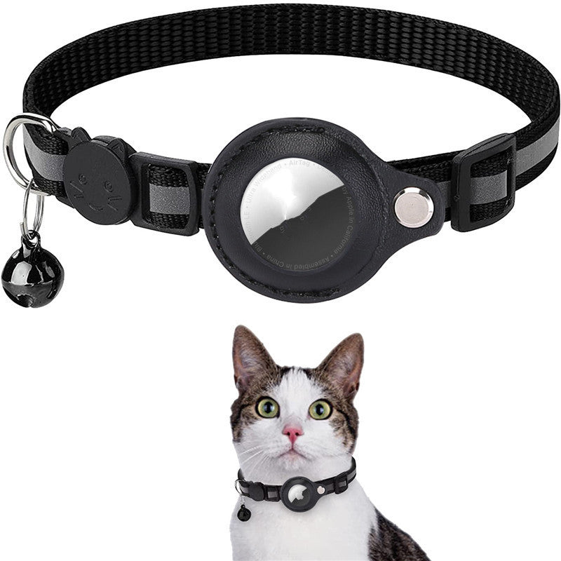 Cat wearing a black collar with a visible Apple logo on a white background