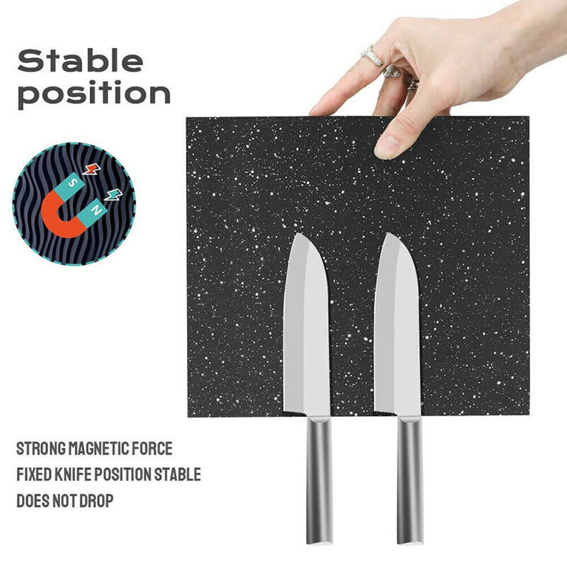 Black magnetic knife holder with two knives on a white background, featuring text about its stable position and strong magnetic force.