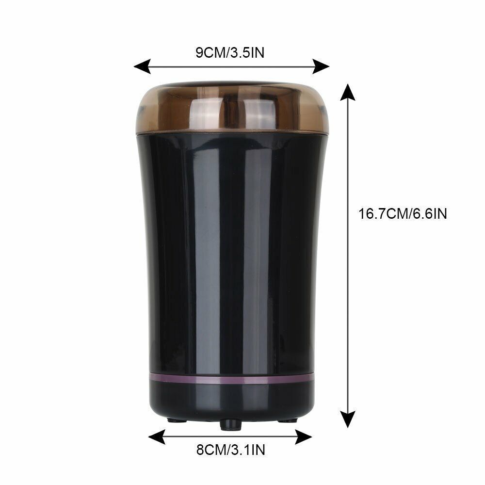 Black coffee grinder with dimensions labeled on a white background
