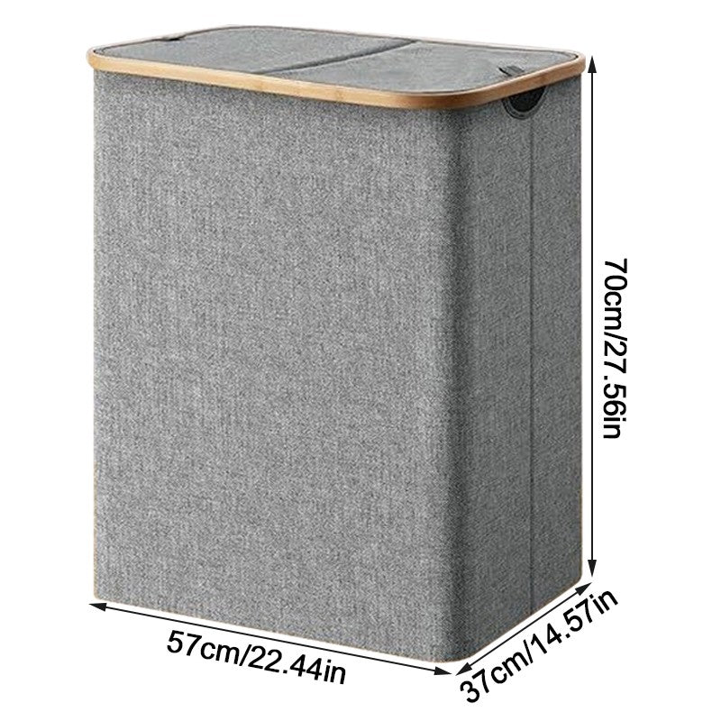 Gray laundry basket with dimensions on a white background