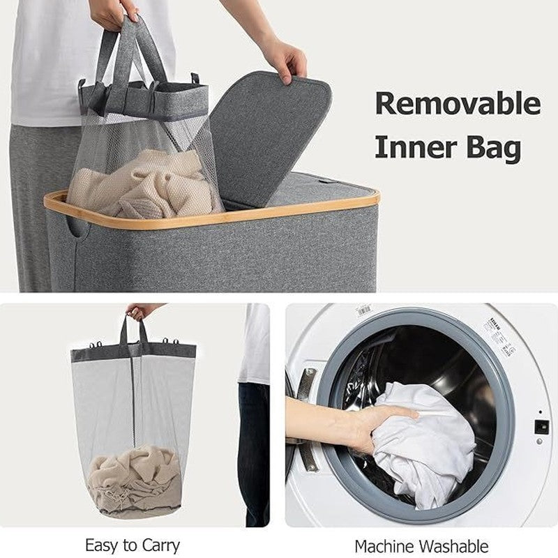 Gray laundry basket with removable inner bag, shown being used and machine washed.