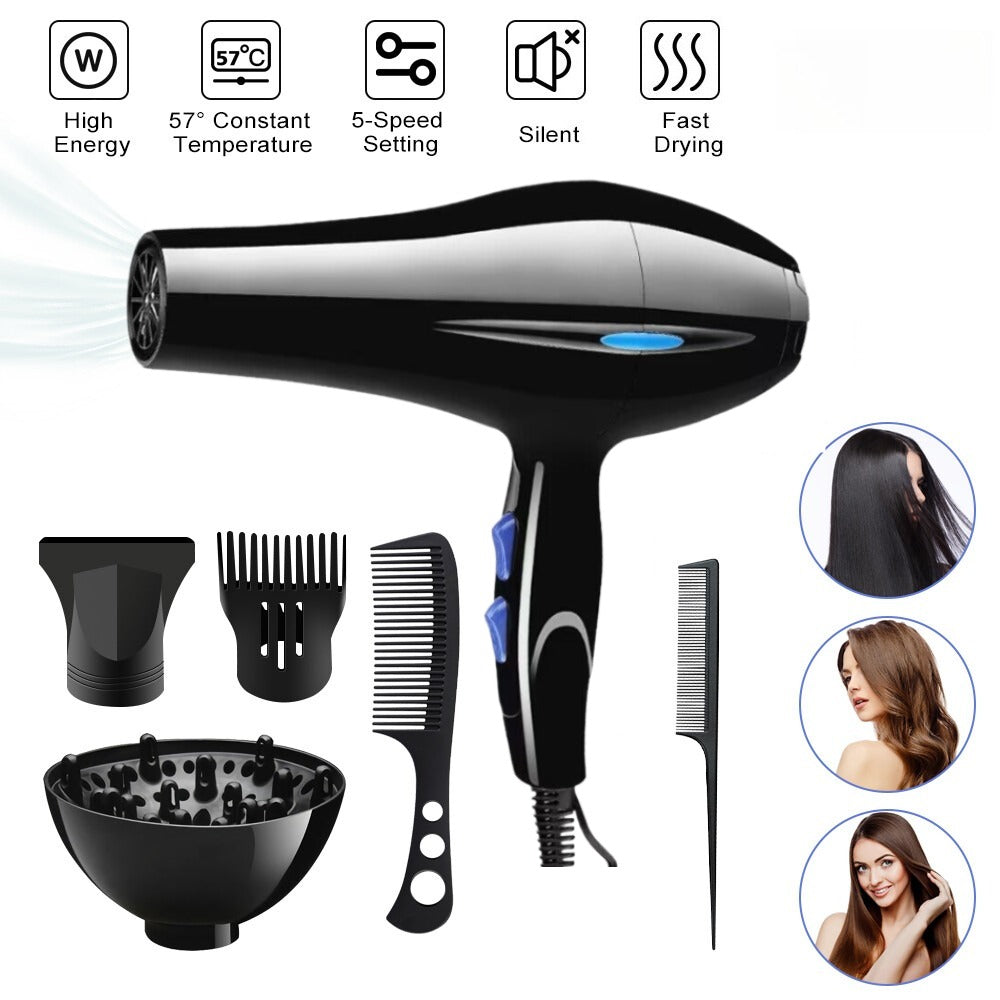 Black hair dryer with attachments and features on a white background