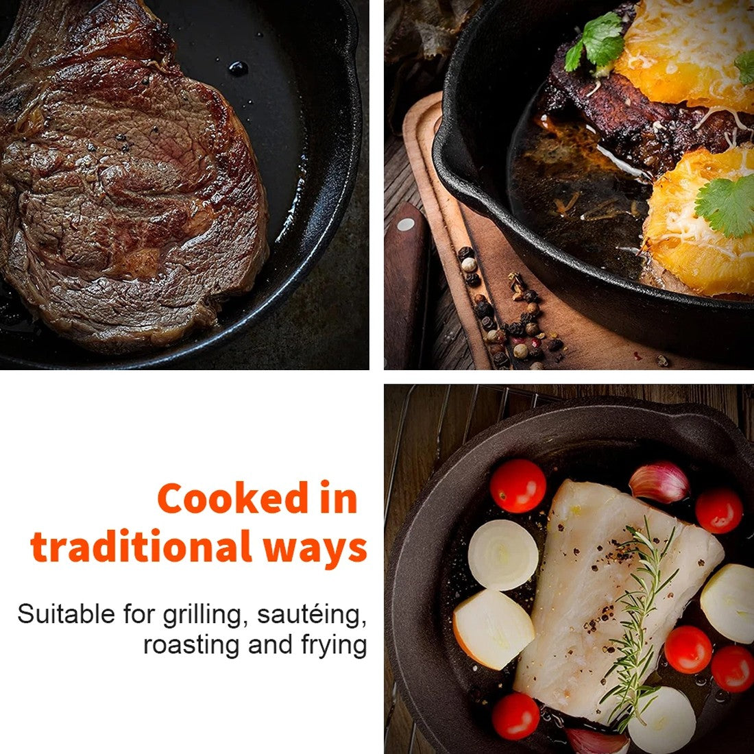 Collage of cooked meats and vegetables with text about traditional cooking methods.