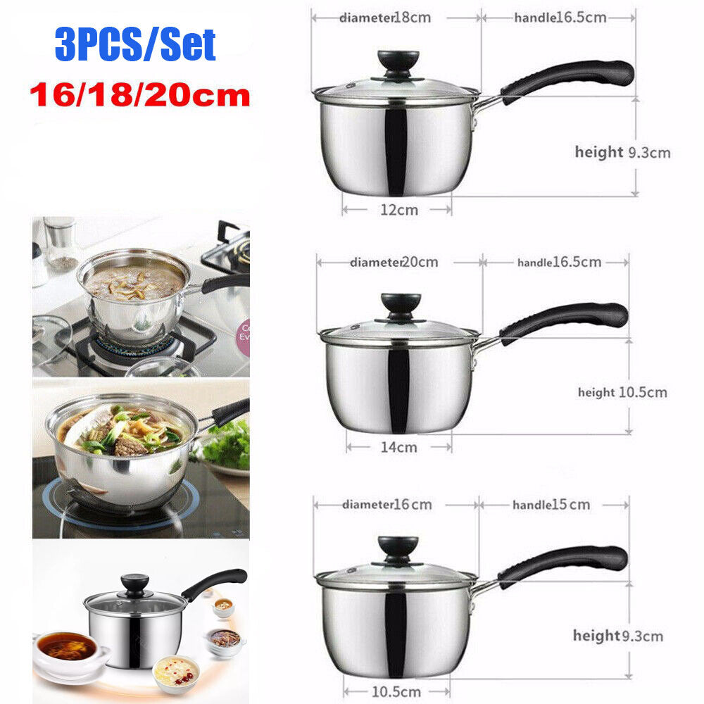 Set Of 3 Induction Non Stick Stainless Steel Cookware Kitchen Glass Lids Pot Pan