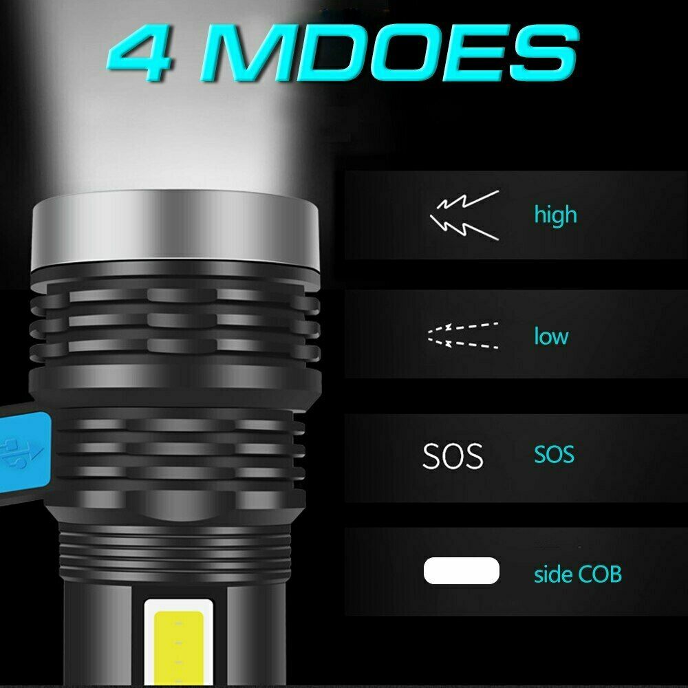 Torchlight with control options labeled 'high', 'low', 'SOS', and 'side COB' on a black background.