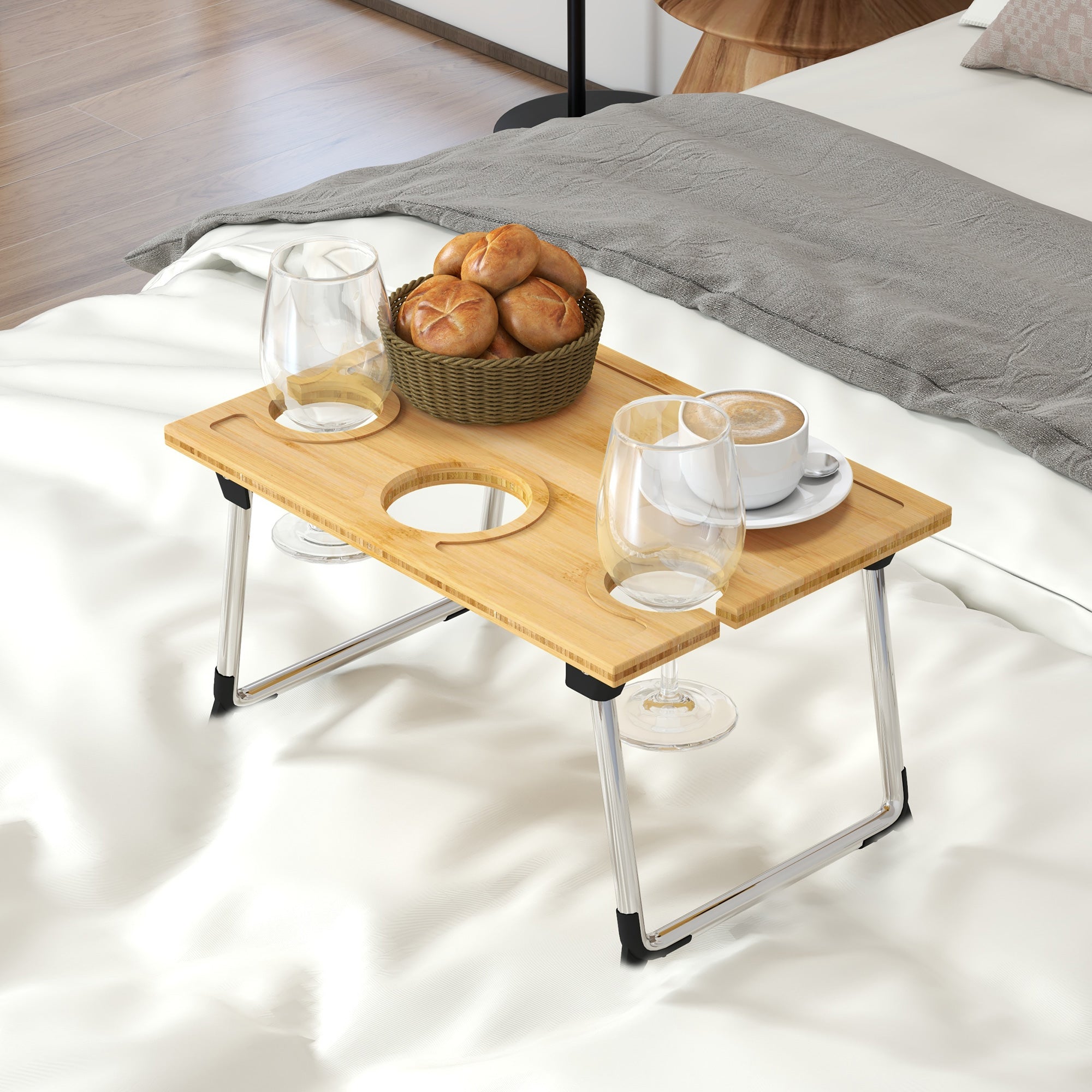 Portable Bamboo Top Wine And Glass Picnic Table