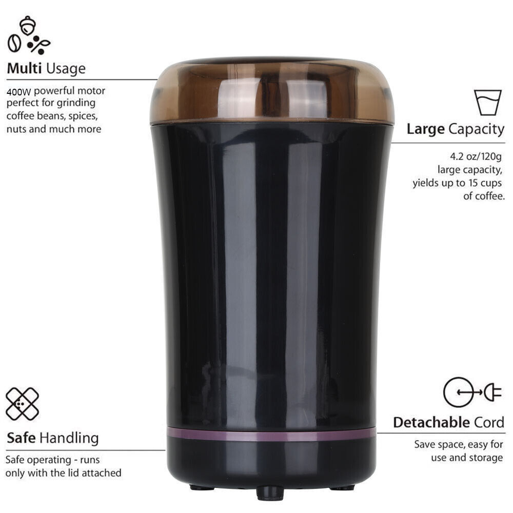 Black coffee grinder with features highlighted on a white background