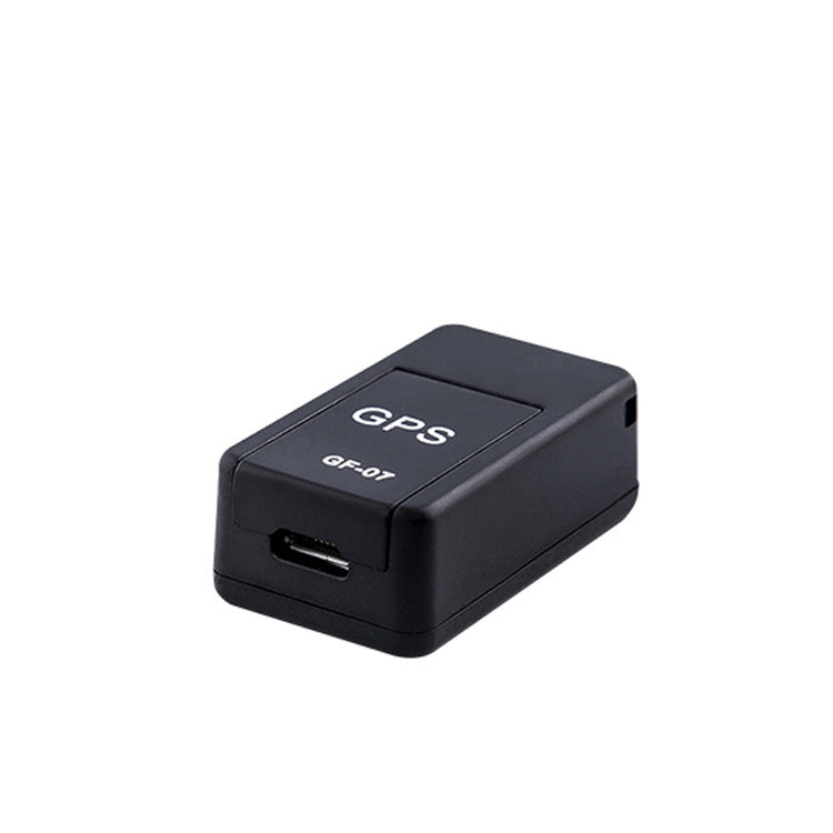Black GPS tracker device on a white background