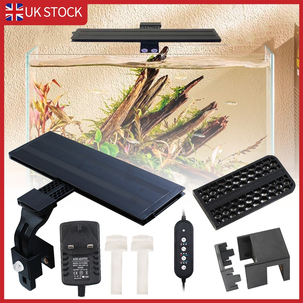 Aquarium light and accessories set with UK Stock label on a beige background