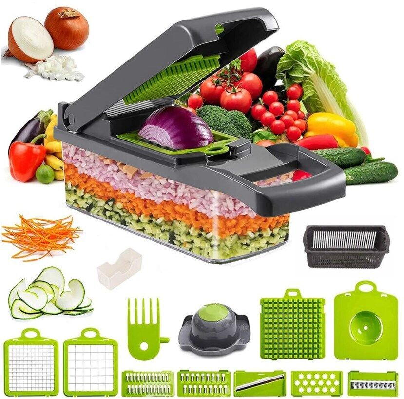 Vegetable chopper with various attachments and sliced vegetables on a white background