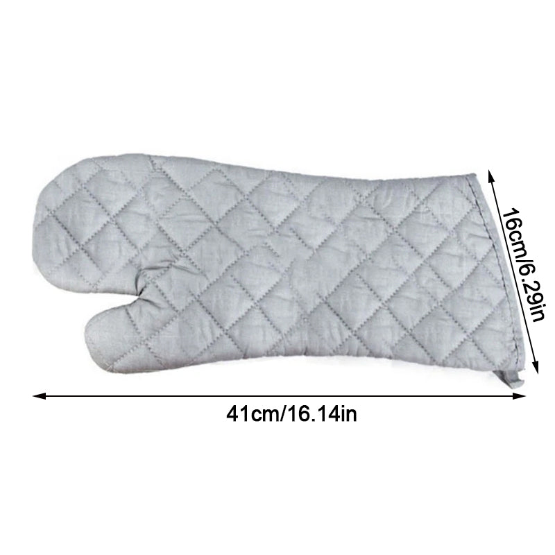 Gray quilted oven mitt with measurements on a white background