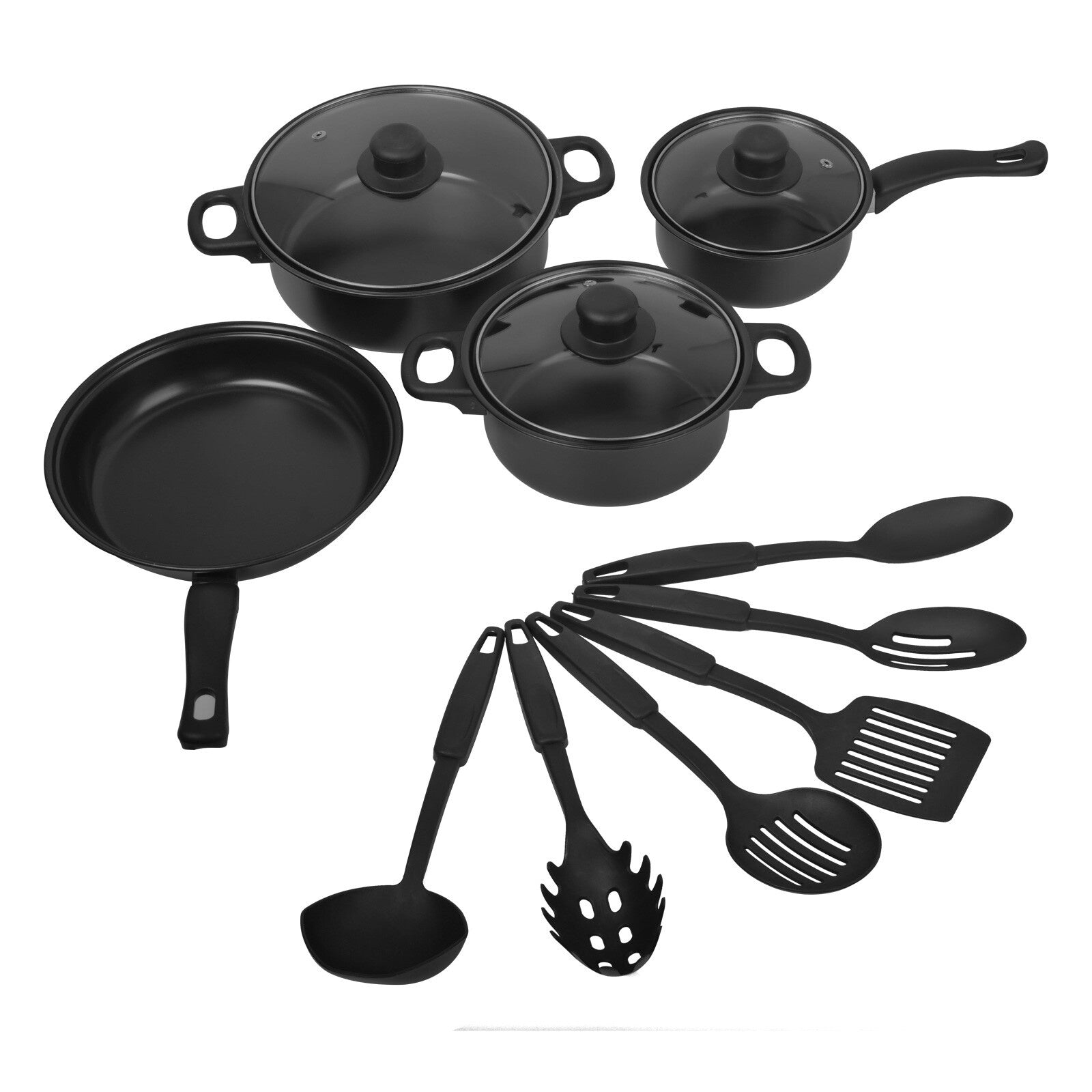 Black cookware set including pots, pans, and utensils on a white background