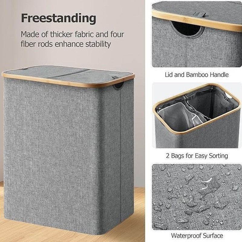 145L Large Laundry Basket with Lid – Double Compartment Hamper