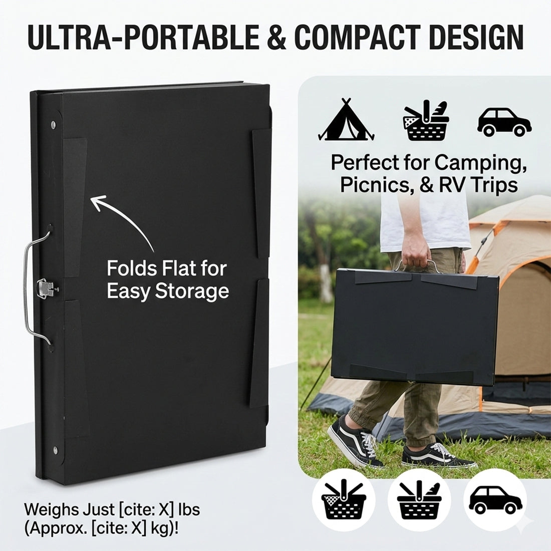 Black ultra-portable folding screen with text on a white background