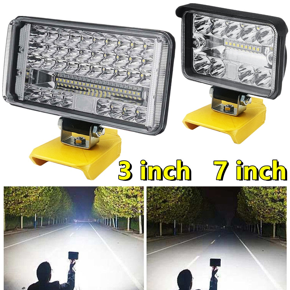 Two LED work lights, one 3 inch and one 7 inch, with a comparison of their brightness on a road.
