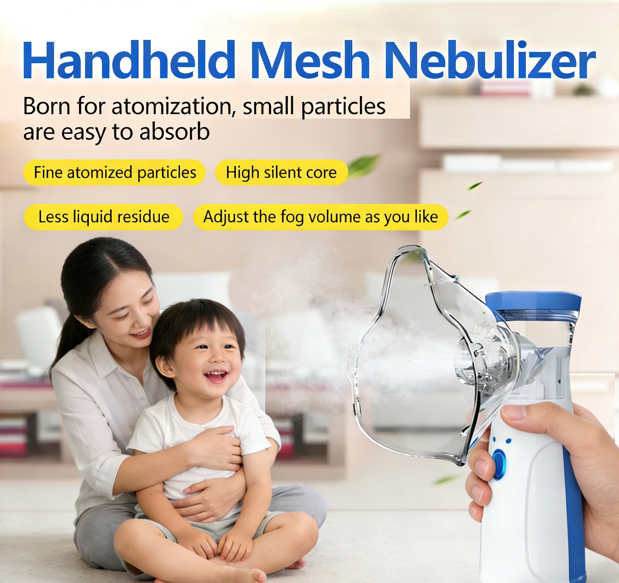 Handheld mesh nebulizer with a woman and child in a home setting