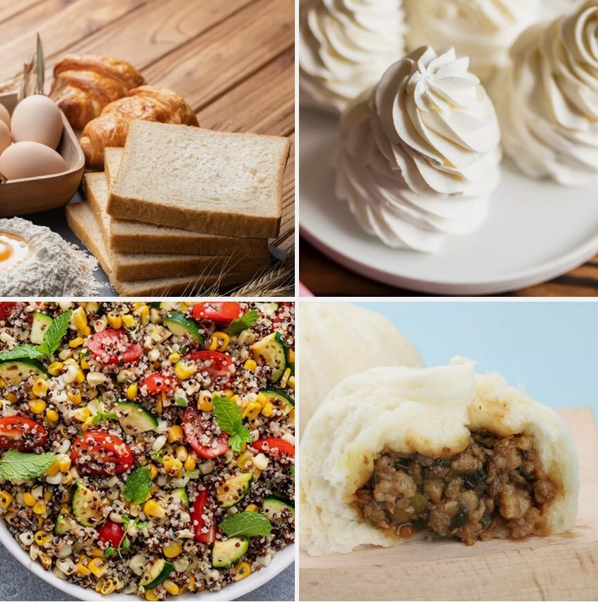 Collage of various food items including bread, pastries, a salad, and a dish with a filling.
