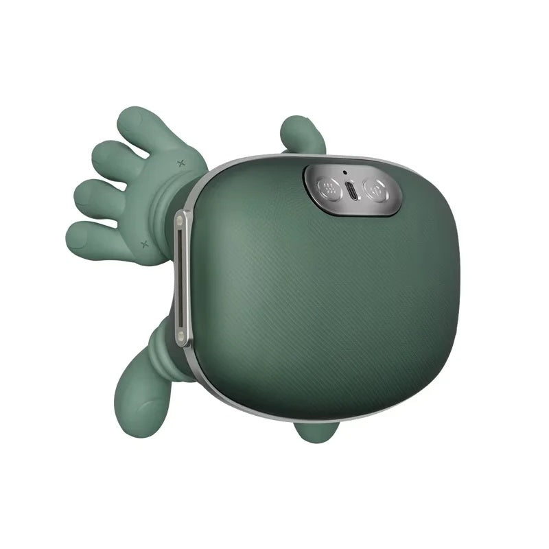 Green electronic device with a cartoonish hand attachment on a white background