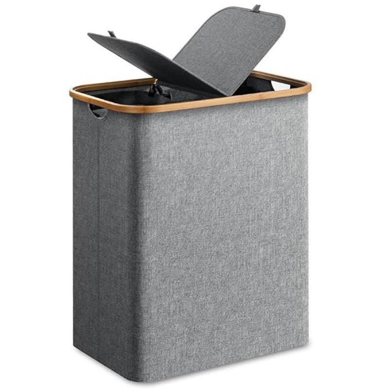 Gray laundry basket with a wooden handle on a white background