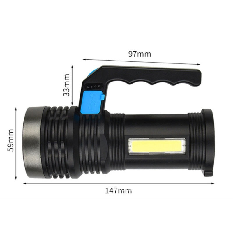 Black flashlight with measurements on a white background
