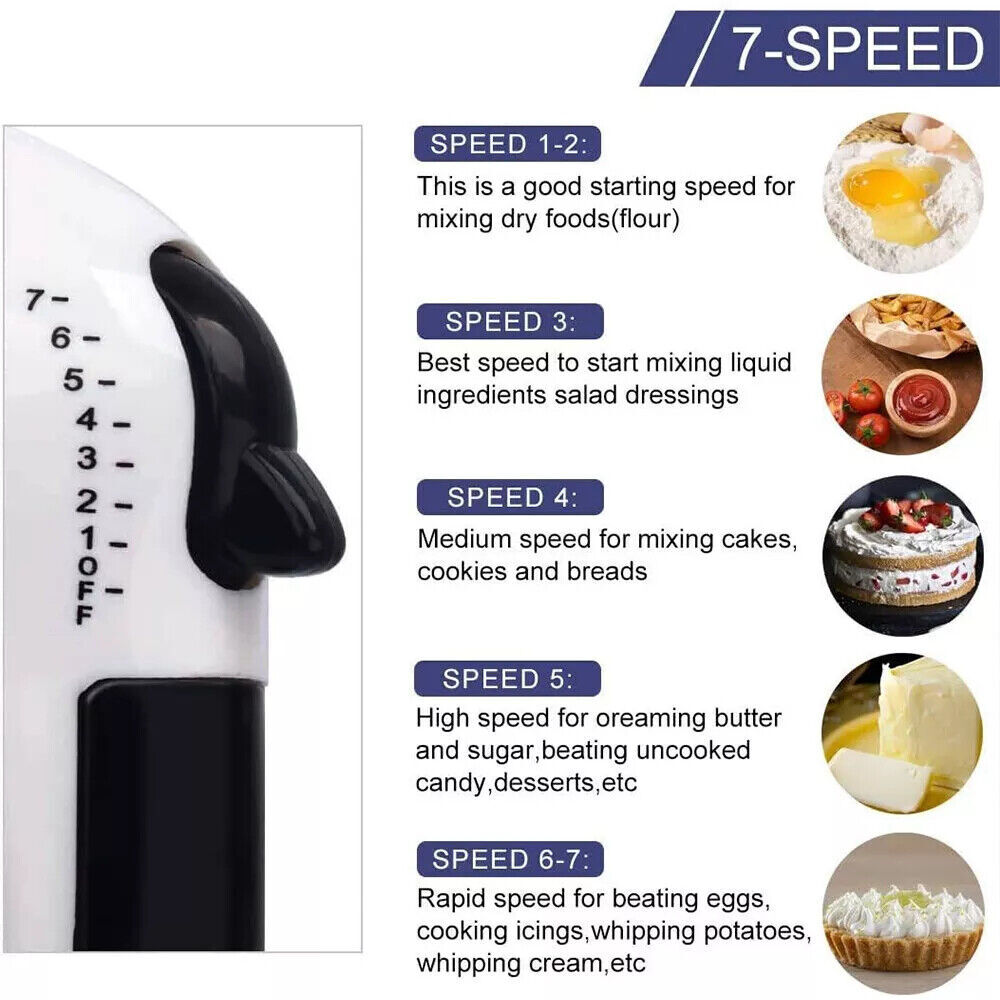 Bowl mixer with speed settings and examples of food preparation tasks