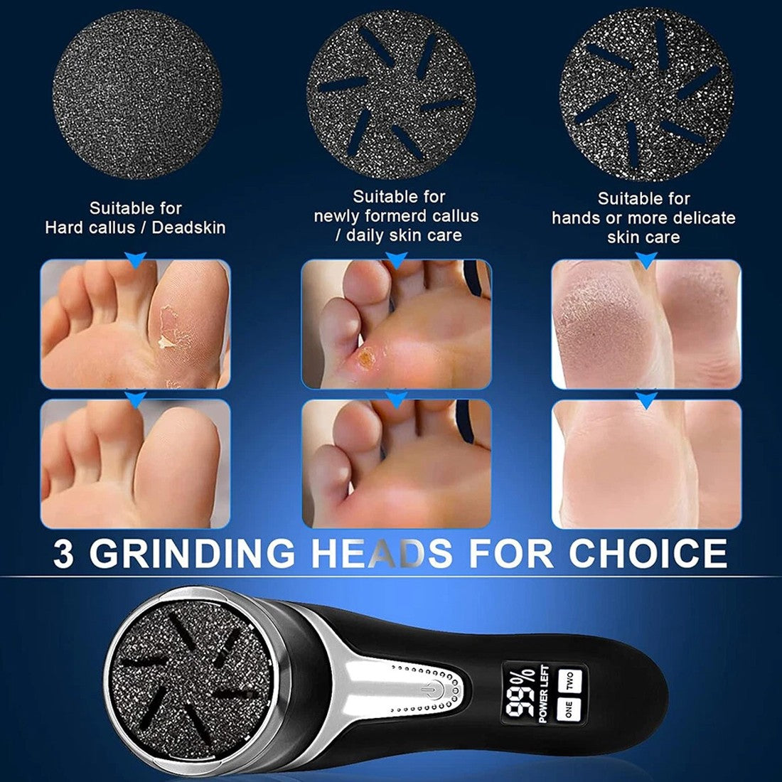 Product with three grinding heads for different skin care needs on a blue background