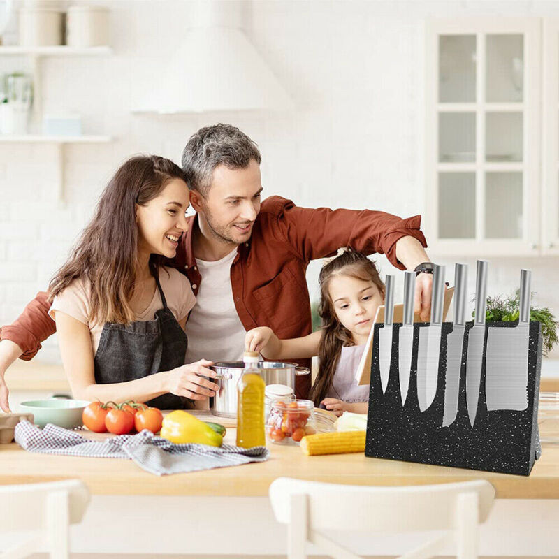 Family in a kitchen with a knife block on the counter