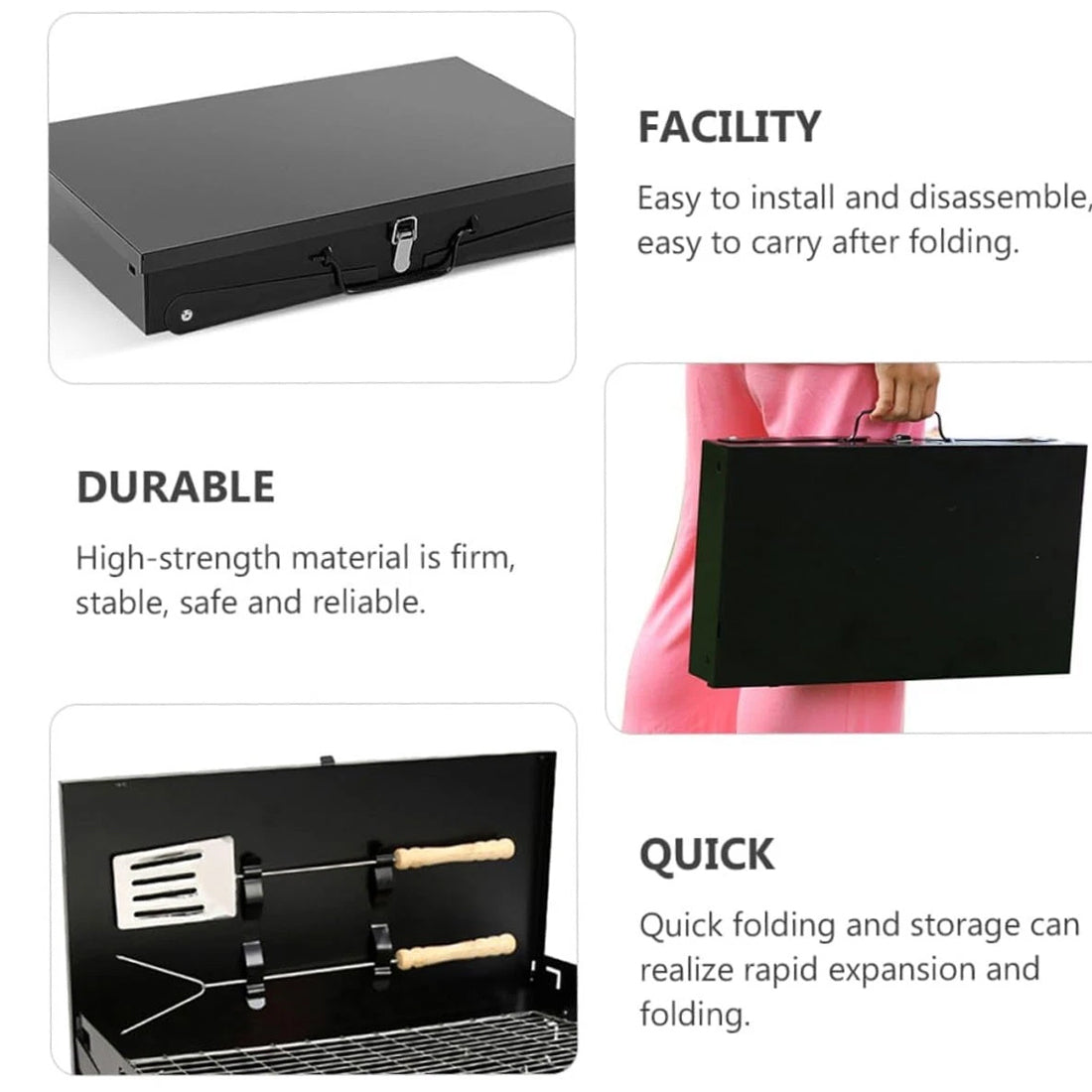 Black portable grill with accessories and features listed on a white background