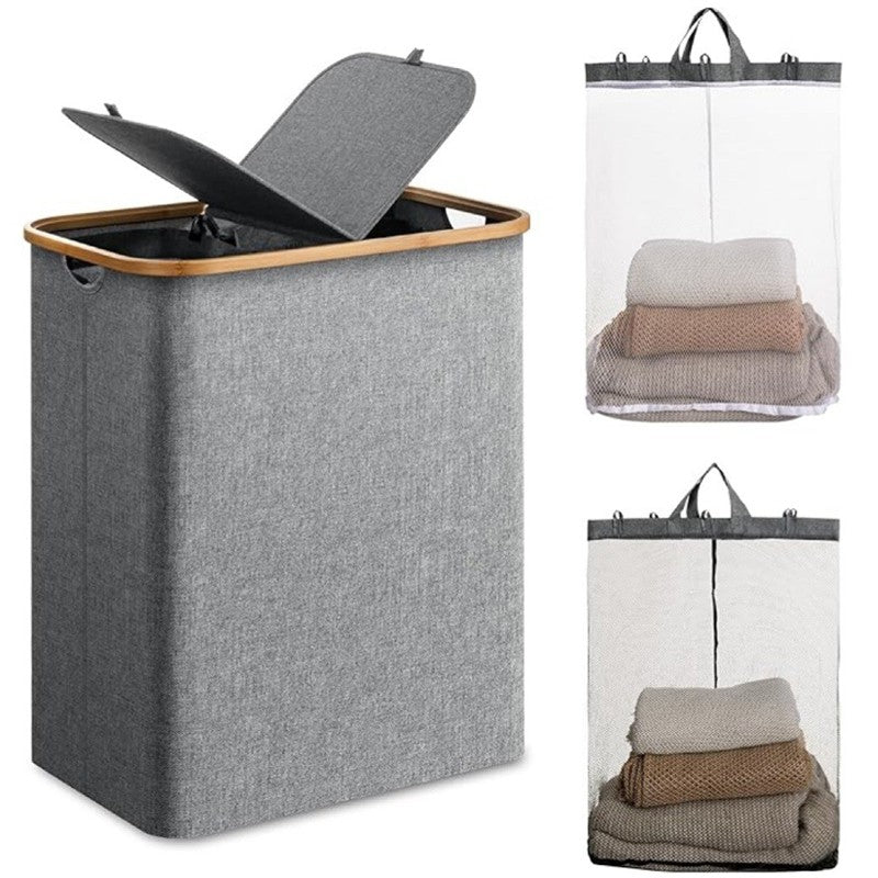 Gray laundry basket with wooden handle and transparent hanging organizer with clothes inside.