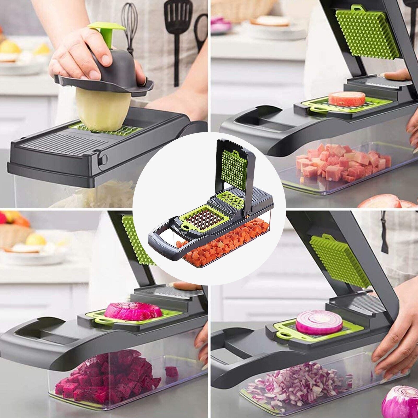 Multifunctional kitchen slicer with various food items being sliced on a kitchen counter.