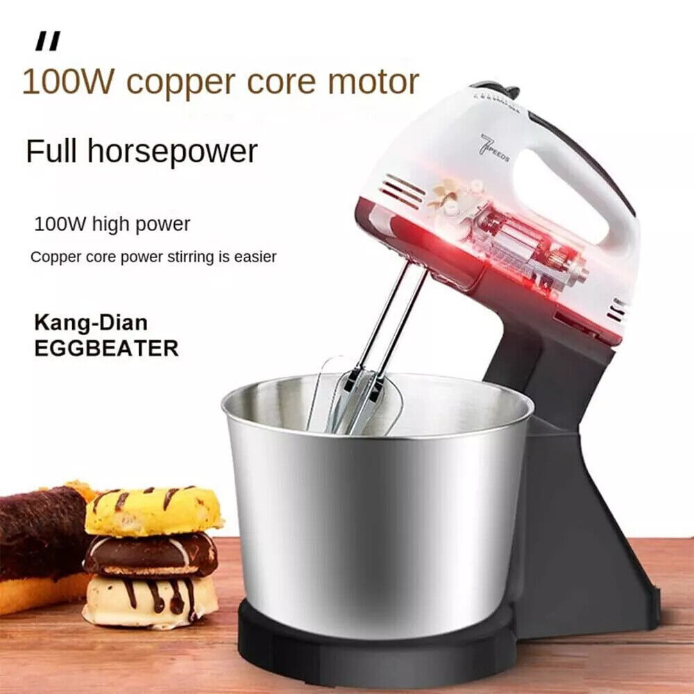 Kang-Dian eggbeater with a 100W copper core motor on a wooden surface with pastries.