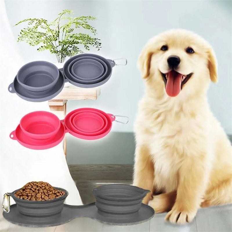 Portable Collapsible Double Dog Bowl with Non-Slip Silicone Mat for Travel & Outdoor Use