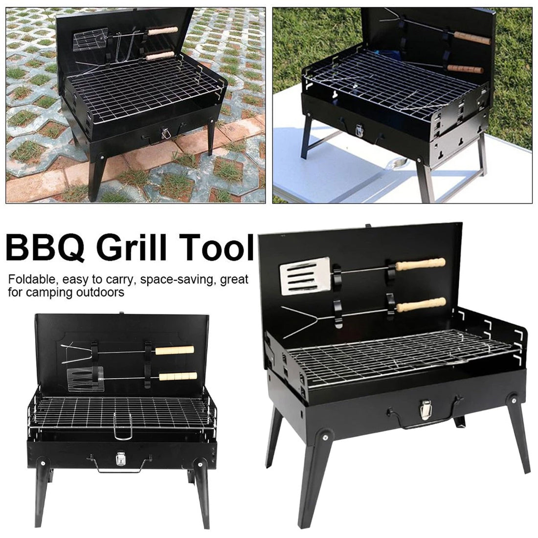 Foldable BBQ grill tool with accessories on a white background