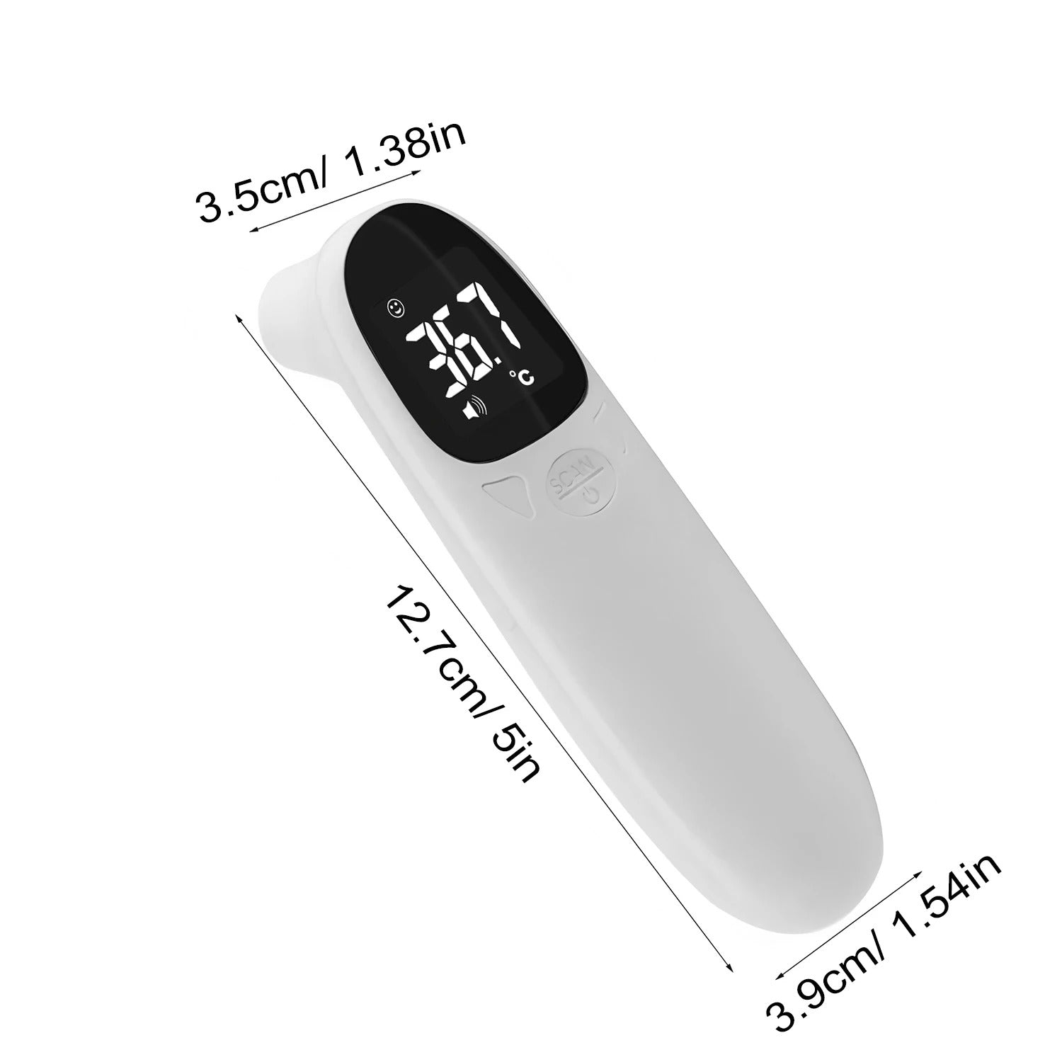 Infrared thermometer with dimensions labeled on a white background
