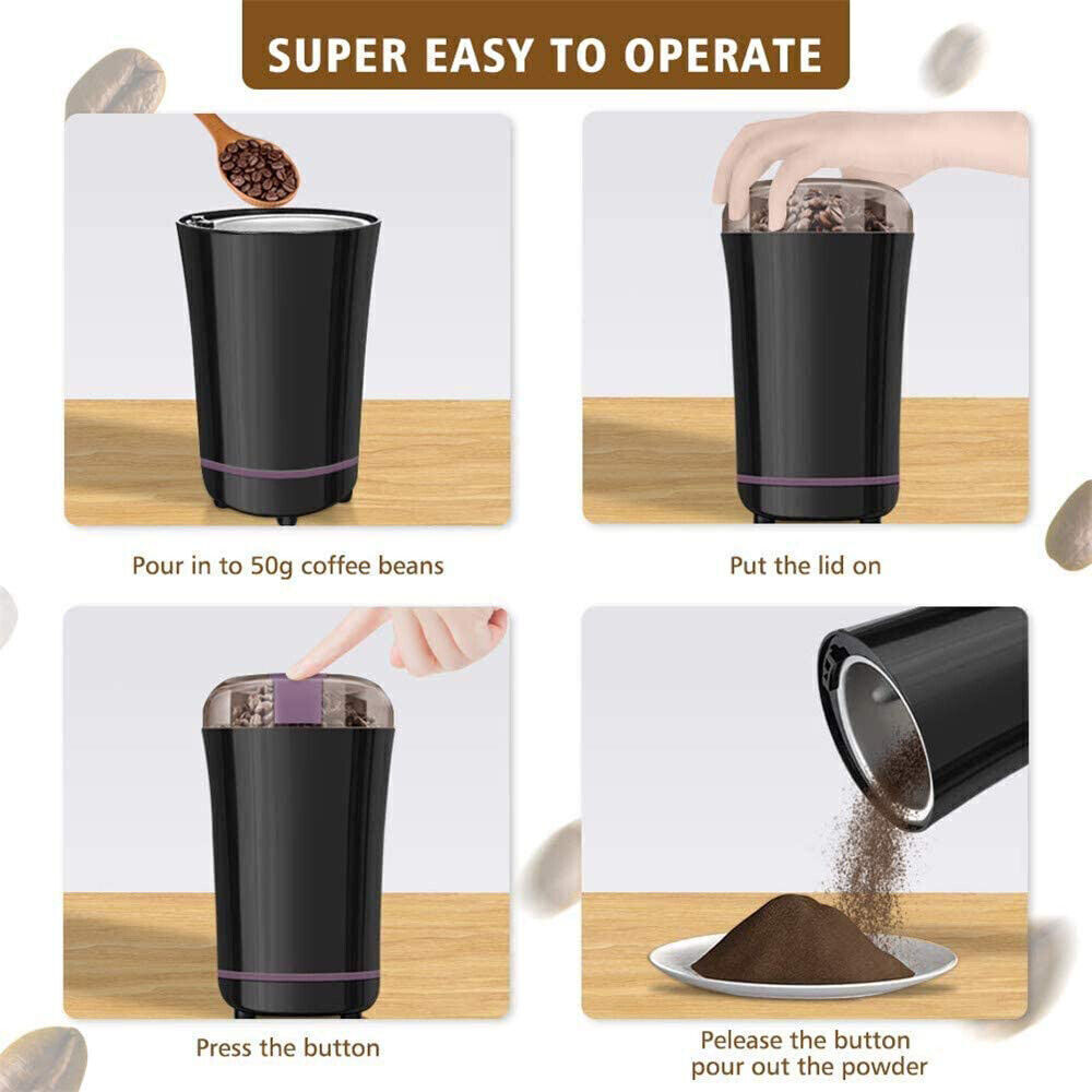 Instructions for using a coffee grinder on a wooden surface.