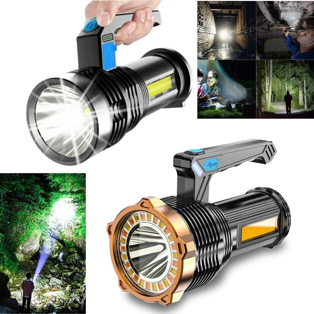Collage of a flashlight with close-up shots and usage scenarios in dark environments.
