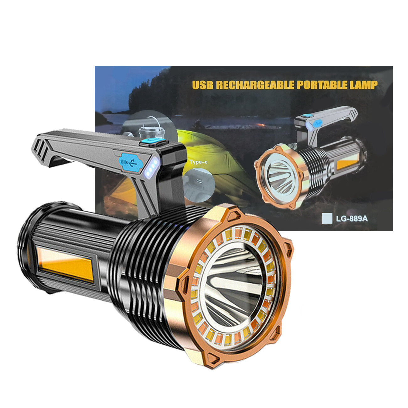 USB rechargeable portable lamp with packaging in the background