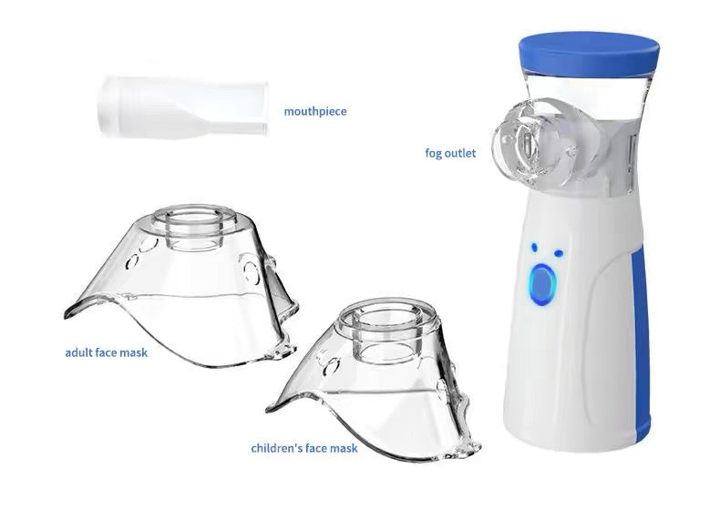 Inhaler device with attachments including a mouthpiece, adult face mask, children's face mask, and fog outlet on a white background.